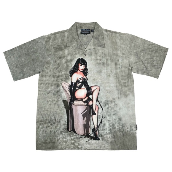 Dragonfly Clothing Bettie Page Pin Up Graphic Button Up Shirt Sz XL Double Sided - Picture 1 of 8